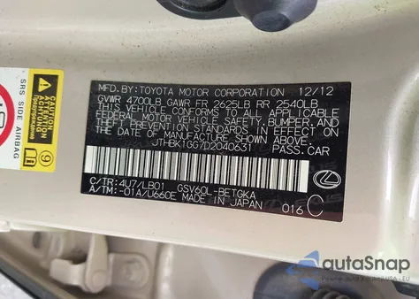 2013 Lexus Es 350 from USA, damaged, VIN JTHBK1GG7D2040631